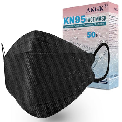 akgk KN95 Face Masks 50 Pack for Adults, 5-Ply Black Disposable Face Mask Against PM 2.5 Smoke and Dust - color: Adult-black
