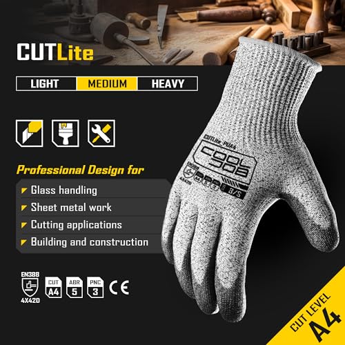 COOLJOB 12/120 Pairs Cut Resistant Safety Work Gloves with Grip, 13 Gauge Seamless Shell with PU Coating, ANSI A2 A4 A6, Gray - size: Xlarge (Pack of 12), style: Ansi A4 Cut Level