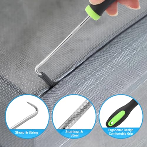 Window Screen Repair Kit, Steel/Nylon Roller Tool with Bearing+8pcs Screen Clips+32ft Screen Spline+Spline Removal Hook, 5 in 1 Screen Roller Tool Kit for Installing Door Mesh Screens - size: 5 in 1
