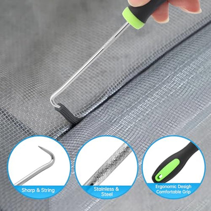 Window Screen Door Repair Kit,Include 47"×118" Black Screen Mesh+ 2 Steel/Nylon Roller+32Ft Spline+8 Clips+Hook+Non-Slip Gloves,7 in 1 Window Mesh Kit for Windows Doors Patio and Porch Replacement - size: 47"×118" Mesh+Tool