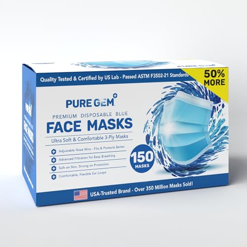 PURE GEM [Pack of 150] Single Use Disposable Blue Face Mask, Soft on Skin, 3-ply Masks Facial Cover with Elastic Earloops Great For Home, Office, School, and Outdoors - color: 150 Masks