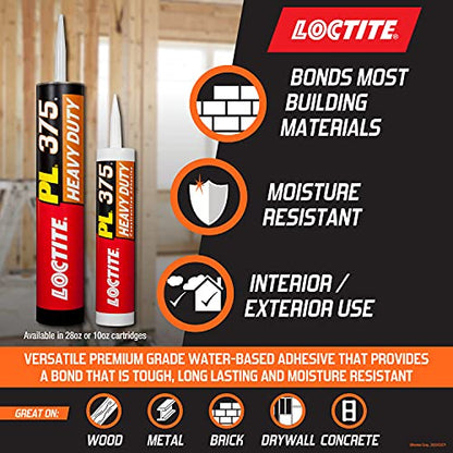 Loctite PL375 VOC Heavy Duty Construction Adhesive, Versatile Construction Glue for Wood, Fiberboard, Drywall & More - 10 fl oz Cartridge, Pack of 1