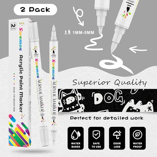 Swemos 2Pcs White Acrylic Paint Pens Markers, Dual Tip with Fine Tip and Brush Tip Pens Acrylic Paint Markers Waterproof Acrylic Markers Set for Rock, Canvas Stone, Wood, Glass, Metal (WHITE, 2) - style: WHITE