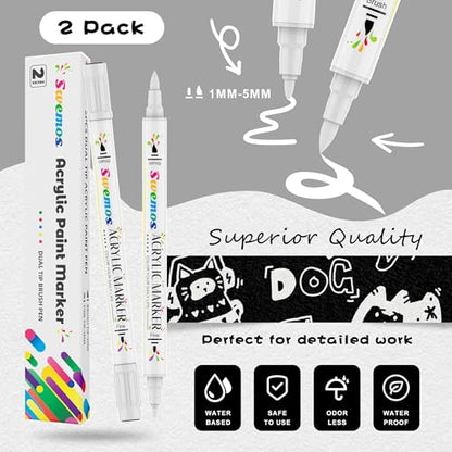 Swemos 2Pcs White Acrylic Paint Pens Markers, Dual Tip with Fine Tip and Brush Tip Pens Acrylic Paint Markers Waterproof Acrylic Markers Set for Rock, Canvas Stone, Wood, Glass, Metal (WHITE, 2) - style: WHITE