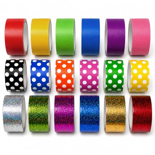 GiftExpress 18 Assorted Colored Duct Tapes,Holographic Polka Dot Duct Tapes - Holiday Multi Purpose Bright Colors Tapes for Do It Yourself Art Home School Office. 2" Roll