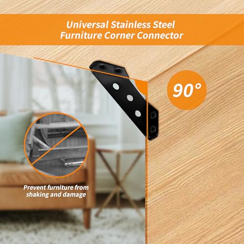 12Pcs Black Universal Stainless Steel Furniture Corner Connector with 80 Screws, Trapeziform Corner Brackets, Angle Corner Brace for Wood Shelves, Chair Drawer Cabinet Tables