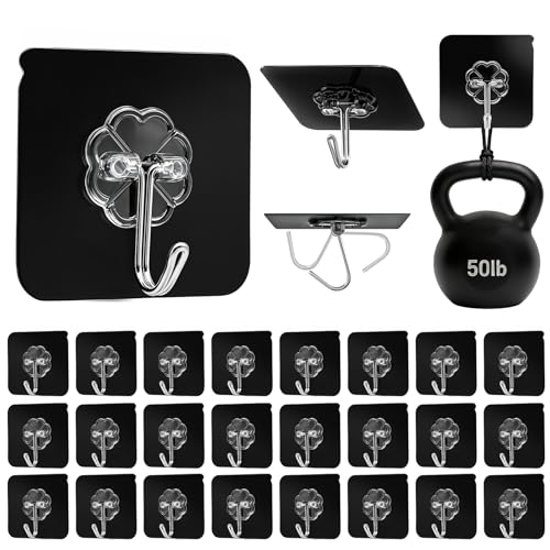 DDMY Adhesive Hooks for Hanging Heavy Duty 2026 Upgraded Black 24 Pack Sticky Wall Hooks 50lbs(Max) Reusable No Damage Hook Super Strong Waterproof for Bathroom, Kitchen, Home, Office and Outdoor - color: Black, size: 24 Pieces