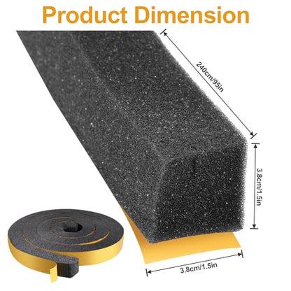 2 Rolls Foam Weather Stripping with Adhesive,1-1/2 Inch W x 1-1/2 Inch H Black High Density Weather Stripping Door Seal, 7.9 Feet Total Length Foam Tape Seal Strip for Uneven Gaps in Doors and Windows
