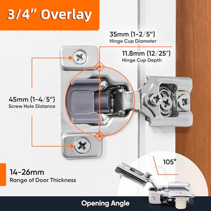 Decobasics 4 Pack Soft Close Cabinet Hinges – 3/4" Overlay for Kitchen Cabinet Doors, Face Frame Concealed Hidden Hinges – Stainless Steel, Self-Closing with 3-Way Adjustment & Slow Close Damper - size: 3/4 Inch