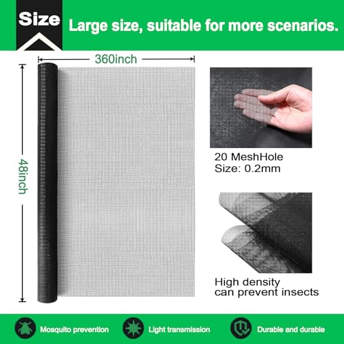 QWR Pet Proof Window Screen and Screen Door Replacement, 48"x 360" Upgraded Durable Thickened Vinyl Coated Wire-Like Mesh for Sliding Screen Door,Patio,Windows(Rolled Package Without Tool Kit) - size: 48"x 360"-Rolled /without Tool Kit