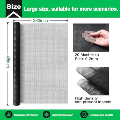 QWR Pet Proof Window Screen and Screen Door Replacement, 48"x 360" Upgraded Durable Thickened Vinyl Coated Wire-Like Mesh for Sliding Screen Door,Patio,Windows(Rolled Package Without Tool Kit) - size: 48"x 360"-Rolled /without Tool Kit