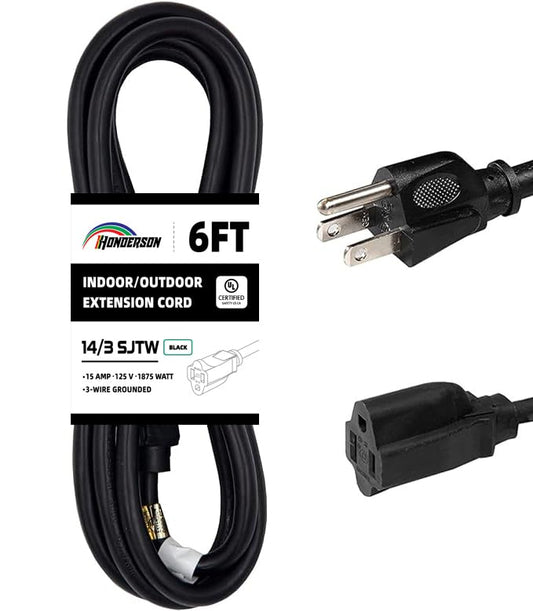Indoor Outdoor Extension Cord Weatherproof, UL Certified, 14 Gauge 6FT Black 3 Prong Heavy Duty, 14/3 SJTW 15A Power Cord for Outdoor Lights, Appliances, Lawn - color: Black, size: 6FT, style: 14/3