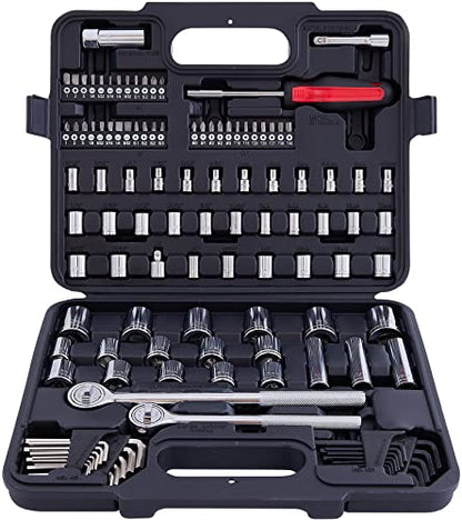 MECHMAX 120-Piece Socket Wrench Set with 1/2" & 3/8" Drive Ratchets. Mechanics Tool Kit includes SAE & Metric Sockets, Deep Sockets, Spark Plug Socket, Bits & Hex Keys for Auto Repair, Garage & Gift - style: 120 Piece