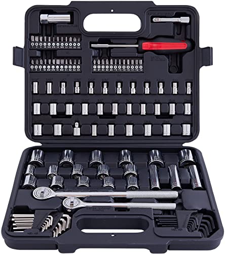 MECHMAX 120-Piece Socket Wrench Set with 1/2" & 3/8" Drive Ratchets. Mechanics Tool Kit includes SAE & Metric Sockets, Deep Sockets, Spark Plug Socket, Bits & Hex Keys for Auto Repair, Garage & Gift - style: 120 Piece