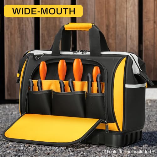 WINHUNT Tool Bag, Hard Bottom Professional Tool Tote, Multi-Pocket Storage with Shoulder Strap, Black and Yellow (Yellow & Black, 16 inch)