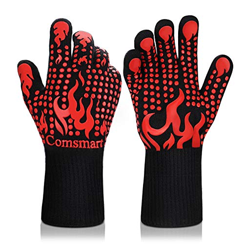 Comsmart BBQ Gloves, 1472 Degree F Heat Resistant Grilling Gloves Silicone Non-Slip Oven Gloves Long Kitchen Gloves for Barbecue, Cooking, Baking, Cutting - color: Red, size: short