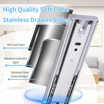 Soft Close Stainless Steel Drawer Slides 5 Pairs Full Extension 10 12 14 16 18 20 22 24 inch Side Mount Dresser Cabinet Replacement Ball Bearing Rails Runner 100LB (Stainless soft close 14Inch) - size: 14 Inch, style: Stainless soft close-5 pairs
