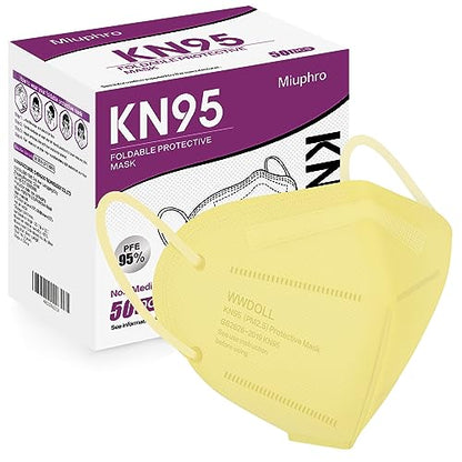 Miuphro 50 Pack Cup Dust Safety Disposable Masks, KN95 5-Layer Foldable Masks - color: Yellow