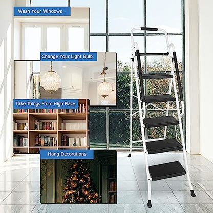 BLACKHORSE-RACING 5 Step Ladder with Handrails & Tool Tray Platform, 330 lbs Folding Step Stool Ladder, Portable Steel Ladder for Kitchen Pantry Home Office Library, White