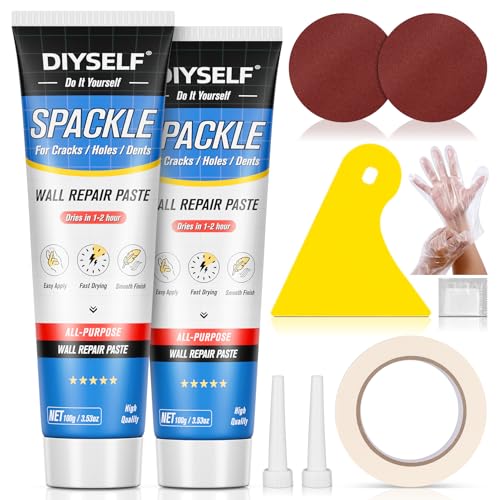 DIYSELF 9 Pack Drywall Repair Kit, Surface Repair Kit, Spackle Wall Repair, 2×100g (7oz Total) Putty, White Drywall Mud, Plaster for Holes, Cracks, Gaps, Fast-Drying Hole Filler with Scraper, Sander - size: 9 Pack
