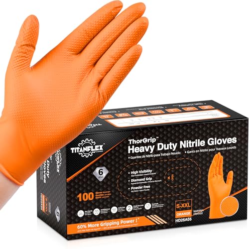TitanFlex Heavy Duty Orange Industrial Nitrile Gloves with Raised Diamond Texture, Latex Free (6mil/8mil) - color: 04 6mil (100ct), size: Large