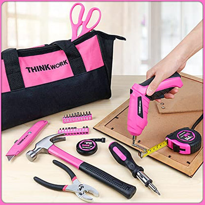 THINKWORK 41 Piece Pink Tool Set - Lady's Hand Tool Set with 3.6V Rotatable Electric Screwdriver, Home Repairing Tool Kit for Women with Large Mouth Open Tool Bag, Perfect for Home DIY, Daily Use - style: Wide Mouth Bag