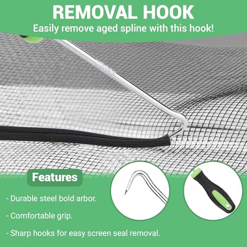 Screen Repair Kit, 32 ft Screen Retainer Spline, Spline Steel Roller, Removal Hook, 3 in 1 Screen Roller Tool, for Replacing & Installing Door Window Mesh