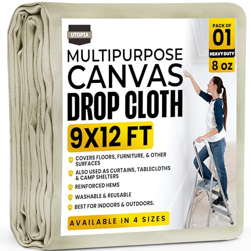 Utopia Drop Cloth for Painting (9x12 ft, 1 Pack) Washable and Reusable Drop Cloth for Painting, Furniture & Floor Protection Highly Absorbent Paint Cover - Thick Canvas Tarp for Outdoor and Indoor Use - color: 9ft x 12ft Pack of 1