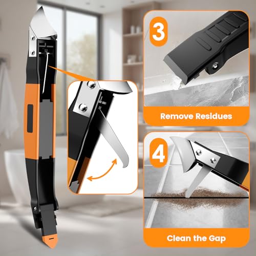6 in 1 Silicone Caulking Tool Kit with Caulk Grout Remover Tool Sealant Finishing & Smoothing Tool, Grout Scraper, 6 Reusable Pads and Adhesive Residue Scraper for Kitchen Bathroom Tile Sink (Orange) - color: Orange