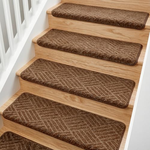 MBIGM Bullnose Non-Slip Stair Treads w/Reusable Adhesive 14 Pack 9.5" x 30" Wooden Steps Protection - TPU Backing with Steel Reinforcement - Anti-Slip Solution Basketweave Brown Non Slip Stair Tread - color: Brown - Basketweave