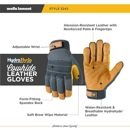 Wells Lamont Men's HydraHyde Work Gloves – Cowhide Leather, Reinforced Fingertips for Durability – Adjustable Velcro Wrist – Ideal for Gardening, Landscaping, Lawn Care – Navy - M - size: Medium
