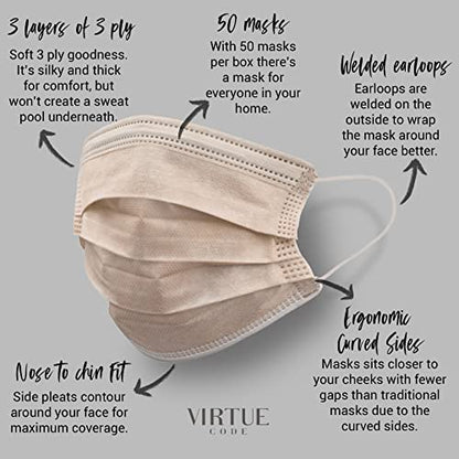 VIRTUE CODE On The Go Curved Face Masks - Soft 3 Ply Comfort 50 Disposable Face Masks - color: Beige