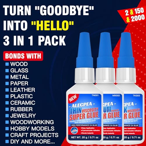 2/150/2000 CPS (Thin/Medium/Thick) CA Glue, Cyanoacrylate Super Glue Wood, Glass, Metal, Paper, Leather, Plastic, Ceramic, Rubber, Jewelry, Woodworking, Hobby Models, and Craft Project 60g(2oz) - size: Clear/2CPS+150CPS+2000CPS