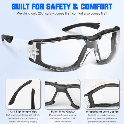 OXG Safety Glasses for Men, ANSI Z87.1 Anti-Fog Impact Resistant Protective Eyewear, Foam Gasket, UV400 Protection - color: 6-clear-black