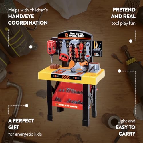 World Tech Toys Big Boys Work Shop 54 Piece Tool Bench Playset – Kids Construction Workbench with Toy Drill, Vise, Nuts & Bolts Builder Set - Kids 3+