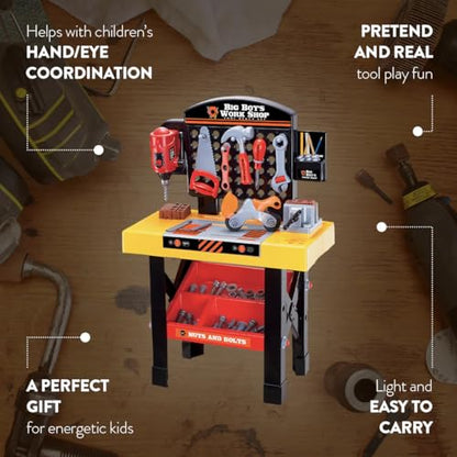 World Tech Toys Big Boys Work Shop 54 Piece Tool Bench Playset – Kids Construction Workbench with Toy Drill, Vise, Nuts & Bolts Builder Set - Kids 3+
