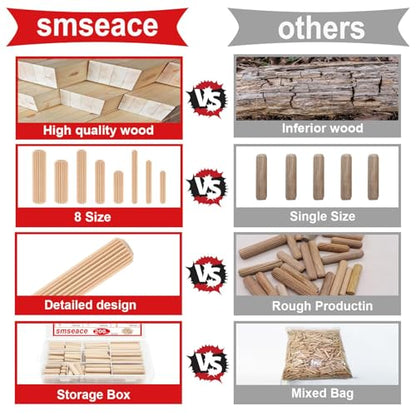 smseace 255Pcs Wooden Dowel Pins - 8 Sizes 1/4Inch 5/16Inch 3/8Inch Fluted Wooden Dowel Kit for Crafts, Furniture, Door, DIY - size: 255Pcs Straight Wood Pin - 8 Sizes