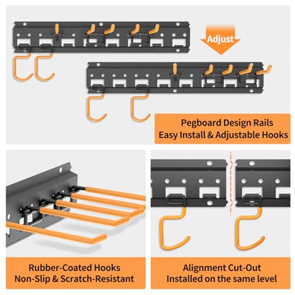 Garden Tool Organizer Wall Mount - Garage Storage and Organization Yard Tool Hanger with Adjustable Pegboard Hooks Shed Rack for Broom Mop Shovel Rake Trimmers, 64 inch Max 750lbs, Black - size: 64 Inch