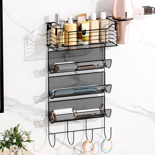 VITVITI Metal Hair Tool Organizer Wall Mount, Hair Dryer Holder with 4 Tier Shelf Basket Hooks, Bathroom Styling Tool Organizer for Curling Iron/Blow Dryer/Straightener, Matte Black - color: 5 Tiers Black