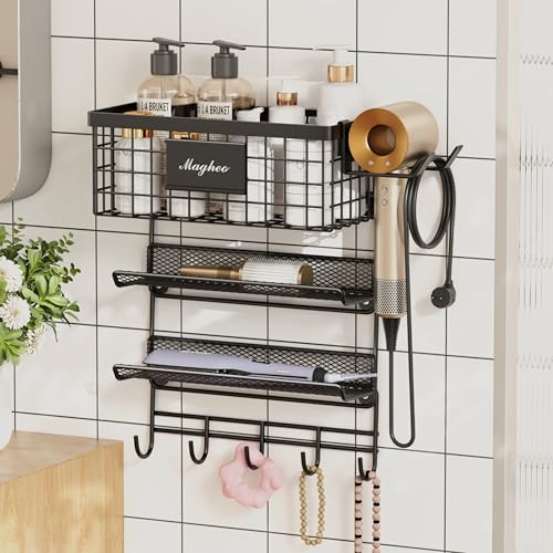 Magheo Hair Dryer Holder Wall Mounted, Adheisve Hair Styling Tool Organizer for hair Brush/Appliance Wall Mount with 4 Tier Shelf Basket Hooks Blow Dryer and Straightener Holder for Bathroom(Black) - color: Black, size: Wall Mount - 1 Pack (4 Tier)
