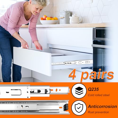 14 inch Drawer Slides 4 Pairs (8pcs) 3 fold Full Extension Side Mount Cabinet Drawer Glides 14" Silver Cabinet Rails for Dresser, Cabinet, Kitchen,Trash Can, Wardrobe 100 LB Capacity - size: 14 Inch