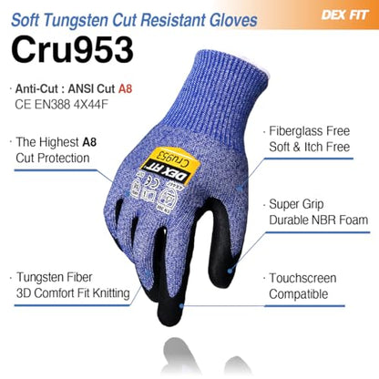 DEX FIT Level A8 Steel Cut Resistant Gloves Cru953, 3D-Comfort Stretchy Fit, Power Grip, Thin, Touch-Screen Compatible, Durable, Machine Washable; Steel Blue XL 1 Pair - color: A8 Blue, size: X-Large