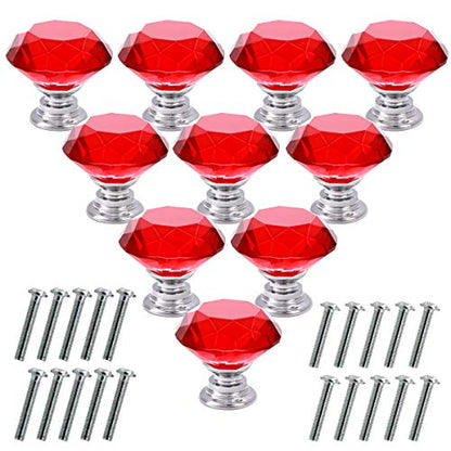 Akstore 10 Pcs Crystal Glass Cabinet Knobs 30mm Diamond Shape Drawer Kitchen Cabinets Dresser Cupboard Wardrobe Pulls Handles (Red) - color: Red