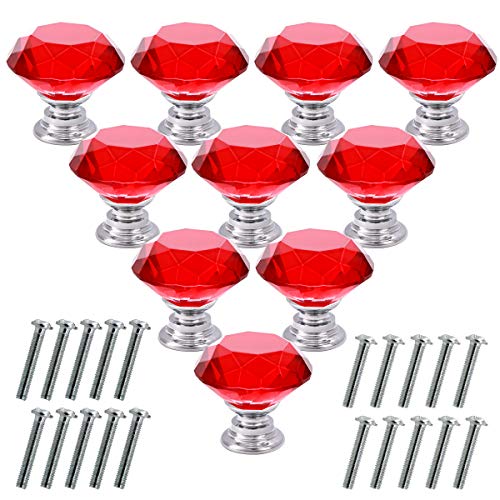 Akstore 10 Pcs Crystal Glass Cabinet Knobs 30mm Diamond Shape Drawer Kitchen Cabinets Dresser Cupboard Wardrobe Pulls Handles (Red) - color: Red