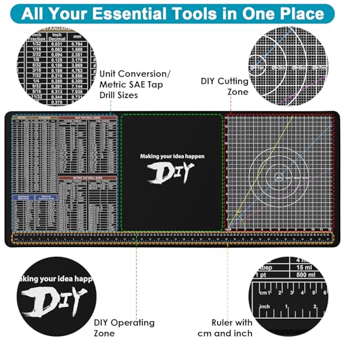 Rubber Work Mat 100cm×40cm, Rubber Cutting Pad with Standard Metric Conversion Charts Tap Drill Sizes Reference, Bench Mat for Handicraft/Mechanical/Woodworking/Sewing Enthusiasts