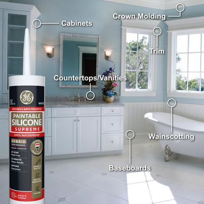 GE Supreme Paintable Silicone Caulk for Kitchen & Bathroom, White, 9.5 fl oz Cartridge, 12 Pack - 100% Waterproof Silicone Sealant, 7X Stronger Adhesion, Shrink & Crack Proof - size: Pack of 12