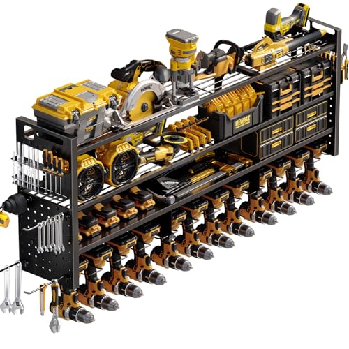 Large 49''W Power Tool Organizer Wall Mount | 620lbs Garage Storage Rack with 12 Cordless Drill Holder | 4-Tier Heavy Duty Utility Shelf for Battery Workshop Organization