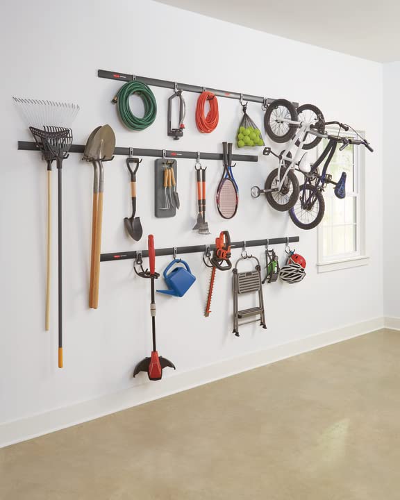 Rubbermaid 24-Piece FastTrack Garage Wall-Mounted Storage Kit, 6 Rails and 18 Hooks, Black, for Home/House/Tool/Sports/Equipment/Utility Purposes - size: 6 Rails, 18 Hooks