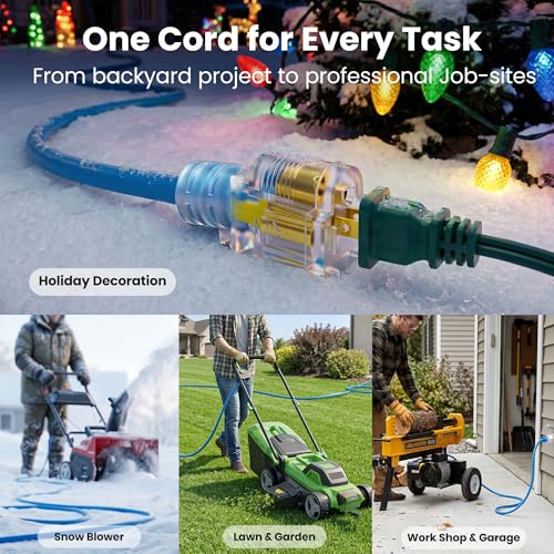 GEARit 100 ft Outdoor Extension Cord 14/3 Gauge SJEOW 14 AWG, 3-Prong Heavy Duty Power Cable with Lighted End, 15A 125V 1875W, Waterproof Cord for Tools, Lawn & Garden, Blue - size: 14 AWG Gauge, style: 100 Feet (SJEOW Rated)