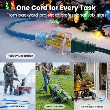GEARit 100 ft Outdoor Extension Cord 14/3 Gauge SJEOW 14 AWG, 3-Prong Heavy Duty Power Cable with Lighted End, 15A 125V 1875W, Waterproof Cord for Tools, Lawn & Garden, Blue - size: 14 AWG Gauge, style: 100 Feet (SJEOW Rated)
